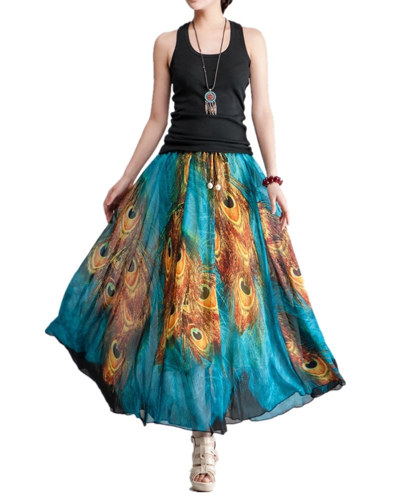 Women's Bohemian Summer Pleated Peacock Chiffon Skirt Maxi Skirt Beach Skirt