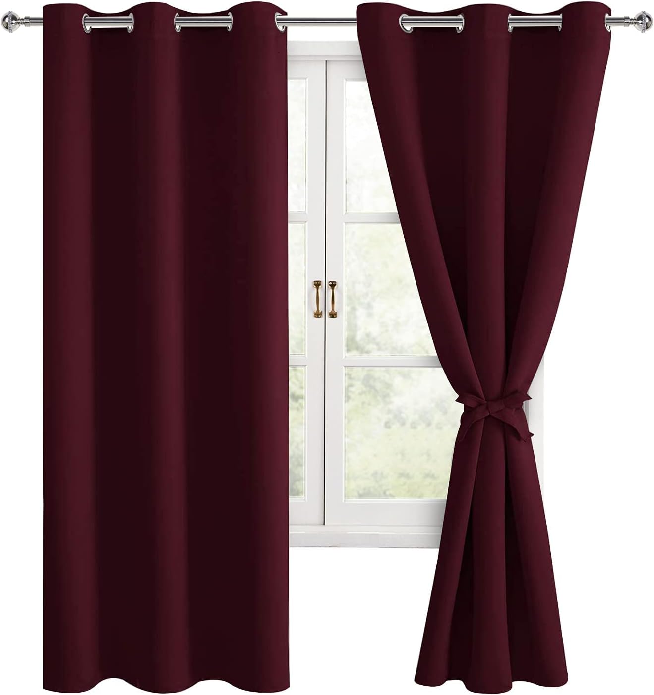 Hiasan Blackout Curtains for Bedroom, 42 x 63 Inches Length - Thermal Insulated & Light Blocking Window Curtains for Living Room Christmas Decor, 2 Drape Panels Sewn with Tiebacks, Burgundy