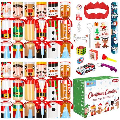 12 Pack Christmas Crackers, No Snap Christmas Party Favors with Six Different Pattern Design, Christmas Poppers with Crown and Joke for Xmas Gifts...