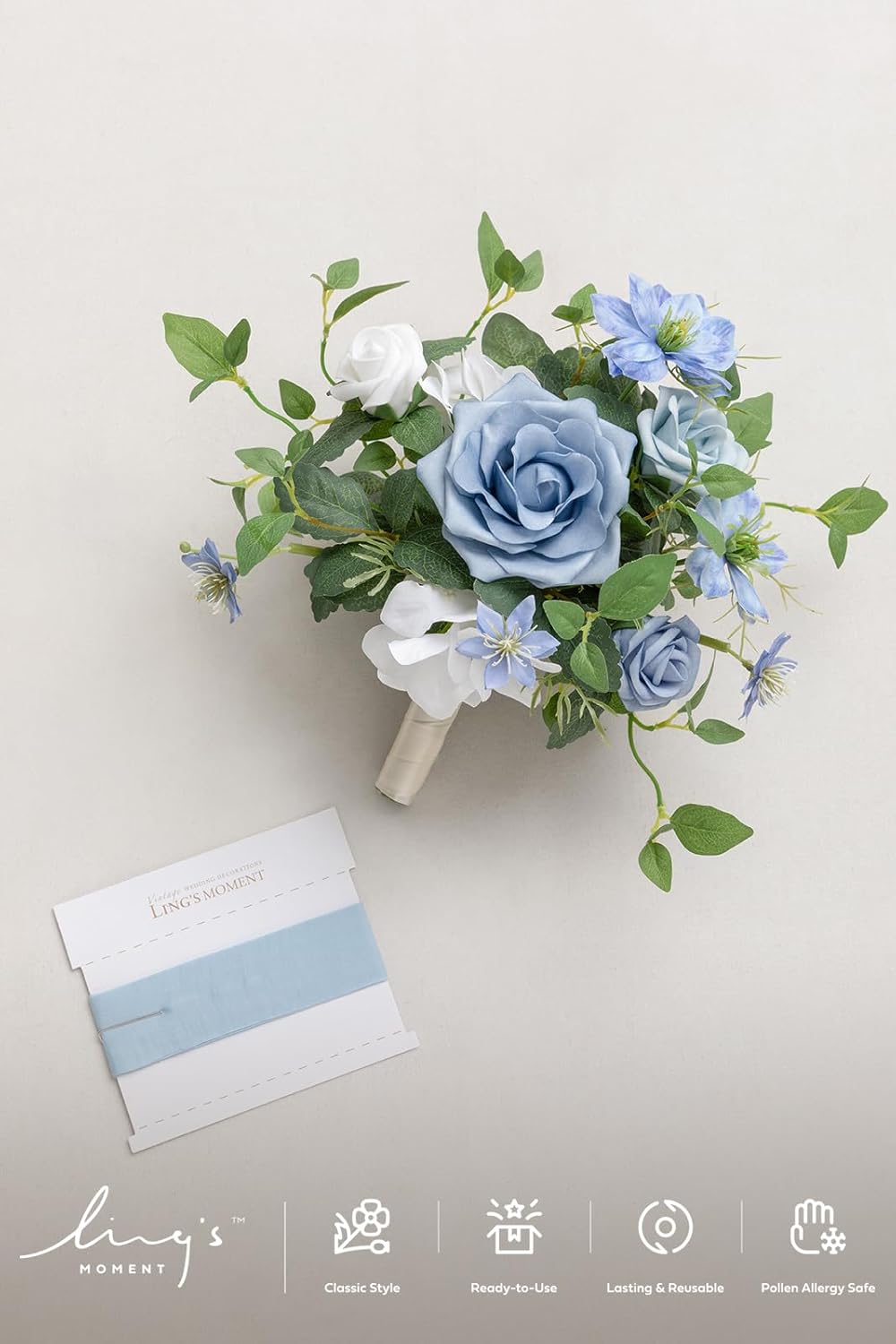 Ling's moment Blue Artificial Wedding Flower Bouquets for Bridesmaids White Floral Bouquet Dusty Blue Bridal Bouquets for Bridesmaids with Ribbon Ceremony Anniversary,7-inch Diameter