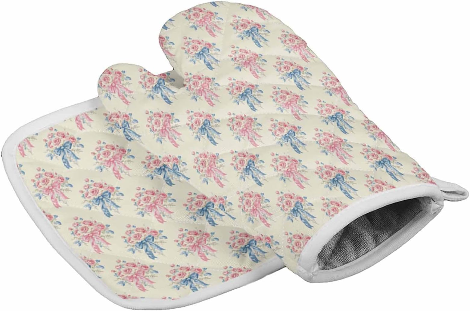 Oven Mitts and Pot Holder Set for Kitchen, Pink Rose Bouquet Blue Bow Vintage Light Yellow 12 Inch Heat Insulation Ovengloves with Non-Slip Hot Pads for Grilling Baking Cooking BBQ, 2 pcs