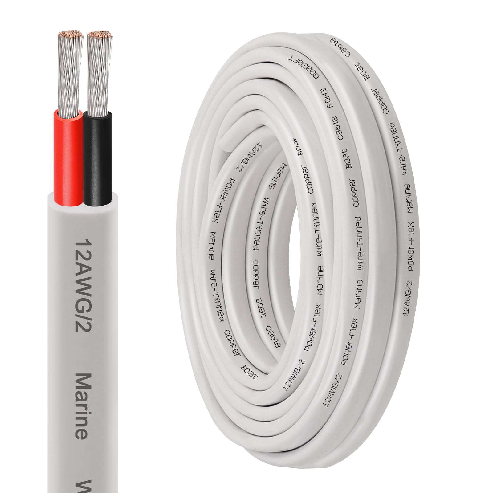 XRDS -RF 12 AWG Marine Wire 20FT, 2-Conductor (Red & Black) Duplex Marine Grade Boat Cable, High-Strand Tinned Copper Electrical Wire, Flexible PVC Jacket for Boats, RVs, Trailers & Solar