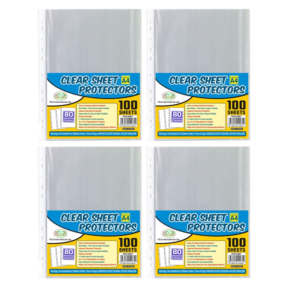 A4 Clear Plastic Punched Pockets Pack of 400 Sheets - Glass Polly Pockets Filing Folders Wallets Sleeves with Punched Reinforced Spine - for Home Office and School Document Files (80 Microns)