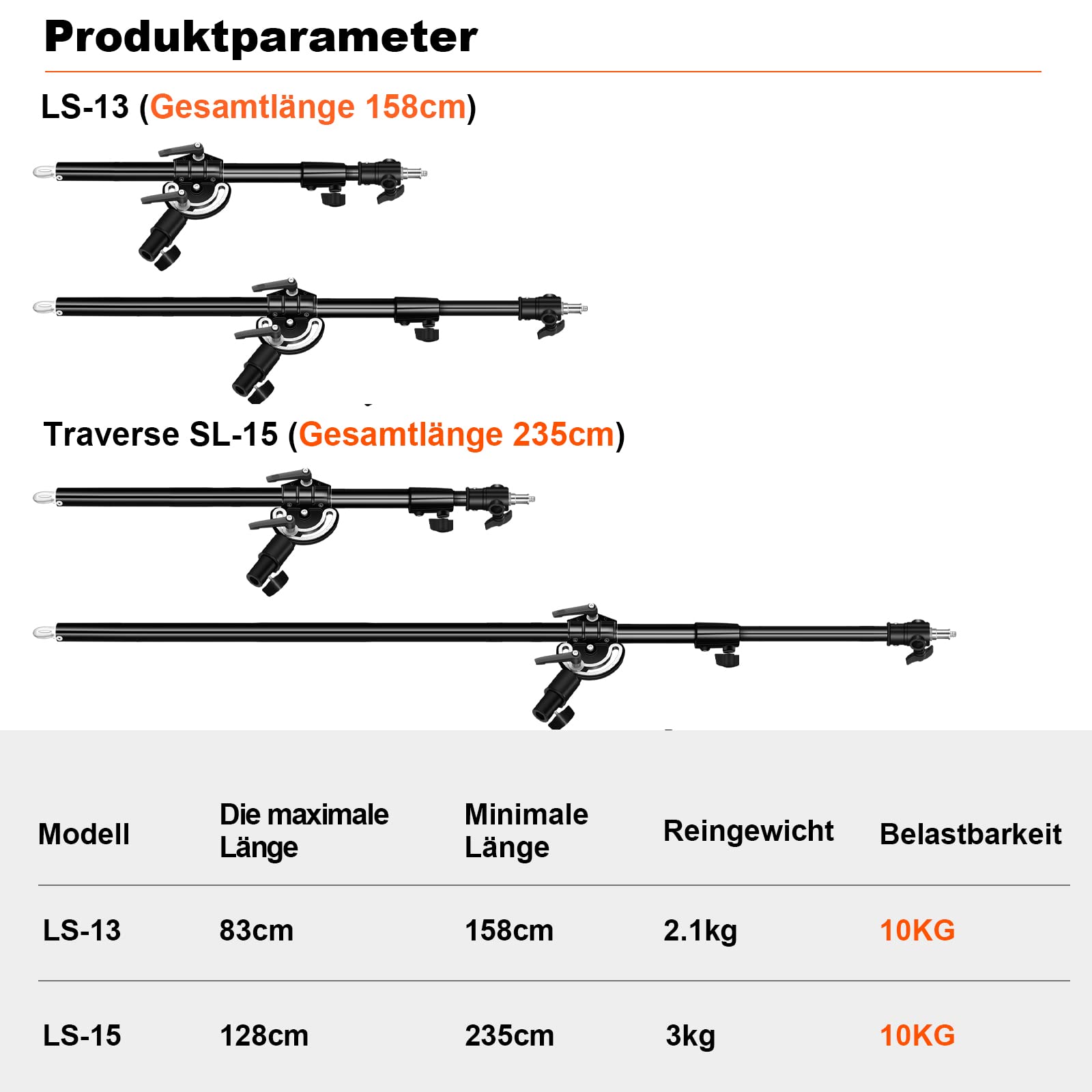 SOONPHO Auslegerarm Pro Galgen Gegengewicht 83-158cm mit Beschwerungstasche und 1/4" 3/8".Schwarz Galgenstativ Verlängerungsgriff Arm Rostfreier Stahl für C-Stand Lichtstative Fotostudio