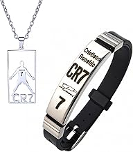 BENIFILE CR7 Football Star Bracelet Pendant Necklace Set, Adjustable Stainless Steel Necklace Silicone Football Bracelet for Men, Champions League Jewelry Gift for Football Fans, Silver, BEN-CR7