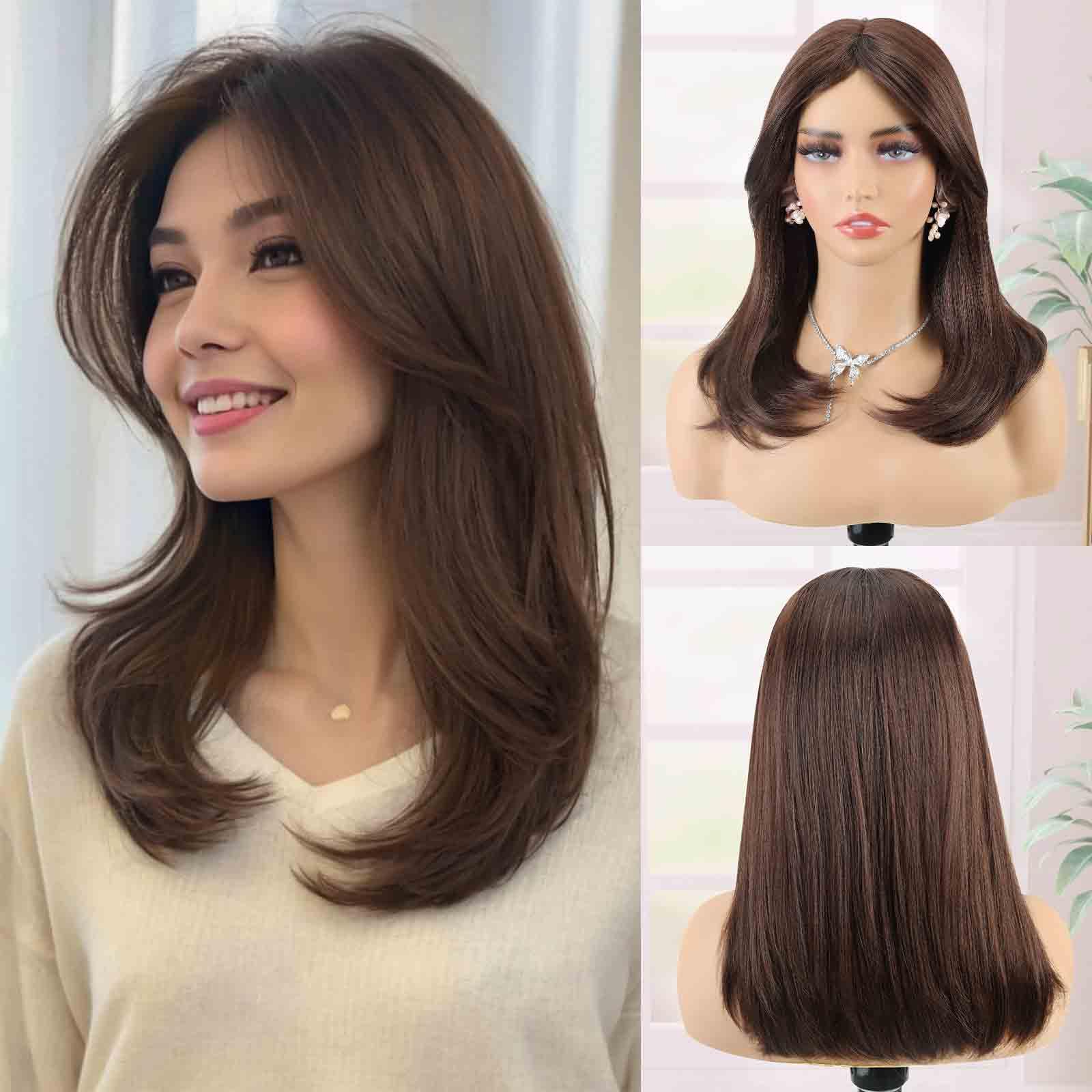 Creamily Chestnut Brown 14" Full Head Hair Wig for Women | Kanekalon Fiber Wigs for Women with Rose Net | Natural Look Hair Wigs for Women for Diwali/Daily/Party (Chestnut Brown)-image-35