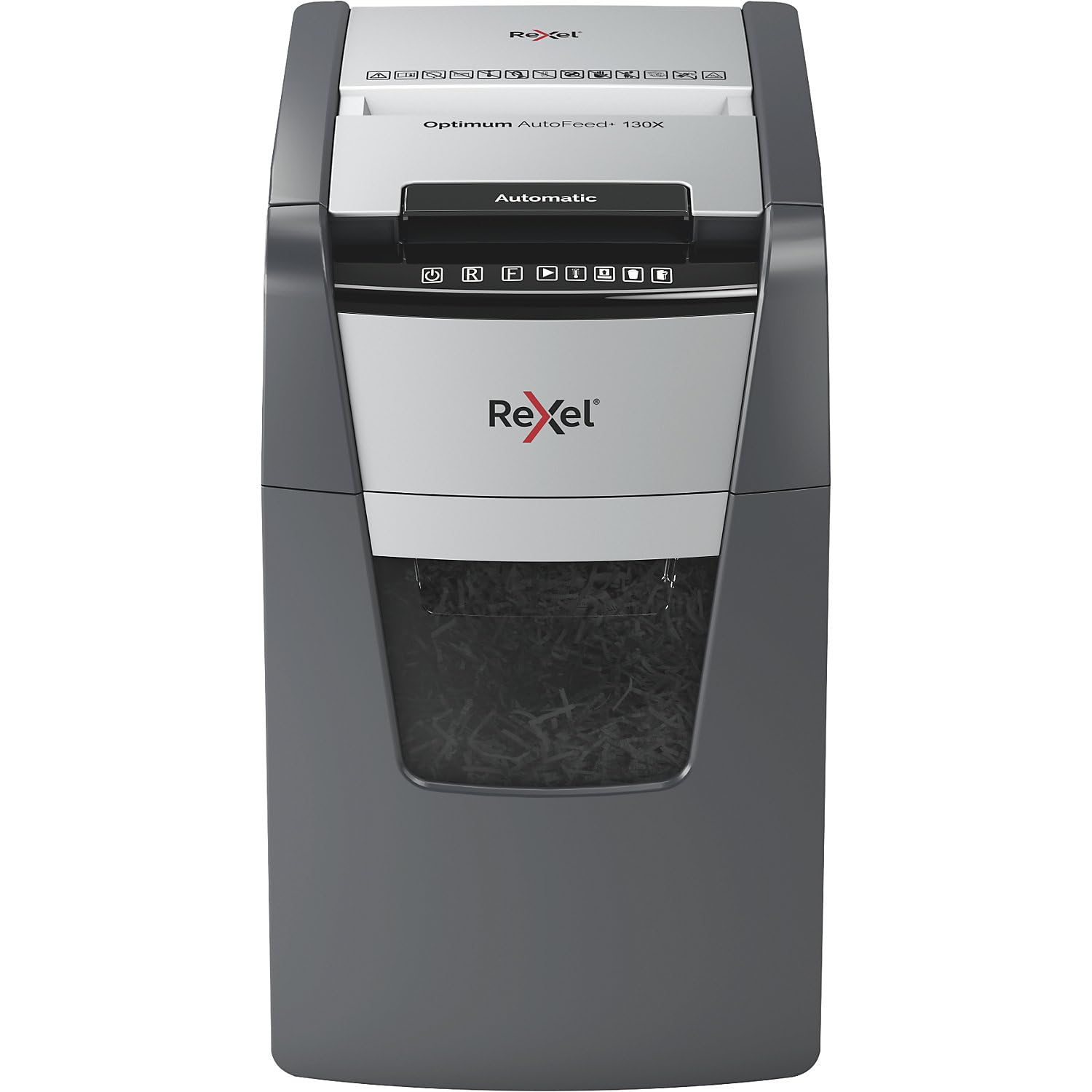 Rexel Optimum AutoFeed+ 130X Distruggidocumenti automatico CH, 130 fogli, livello di sicurezza P4, taglio a particelle, per piccoli uffici, contenitore per rifiuti da 44 litri, con spina di