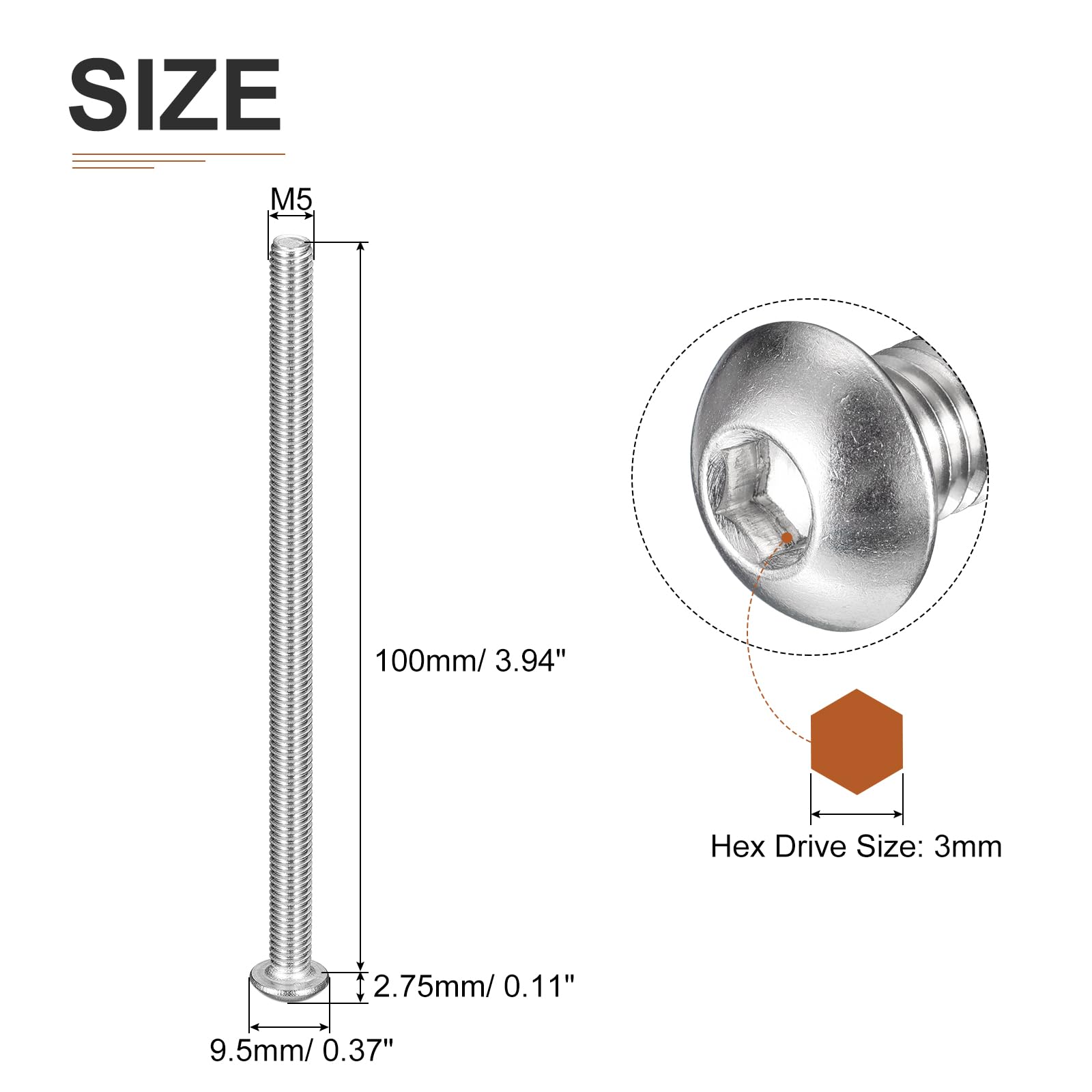 DTGN M5-0.8x100mm Button Head Socket Cap Screws, 10Pack, Good for Machine, 304 Stainless Steel 18/8 - Image 2