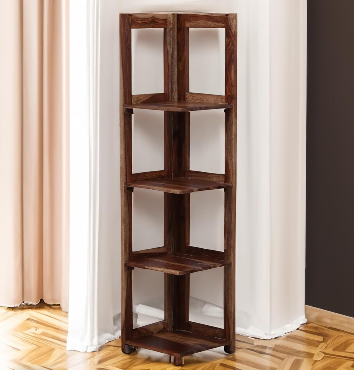 ODEJIA Solid Sheesham Wooden Book Shelf| Ladder for Home Decor| Plant Stand | Corner Showcase Storage Shelves for LivingRoom| Bedroom | 4- Tier Shelf 14" L x 14" W x 58" H(Light Walnut)-image-48