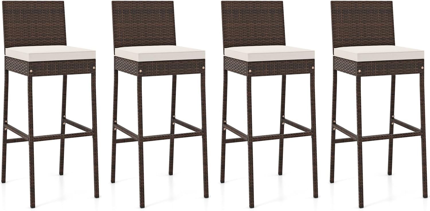 HAPPYGRILL Wicker Patio Barstools Set of 4, Outdoor Rattan Bar Chairs with Footrest & Backrest, Armless High Top Chairs with Seat Cushions for Backyard, Balcony
