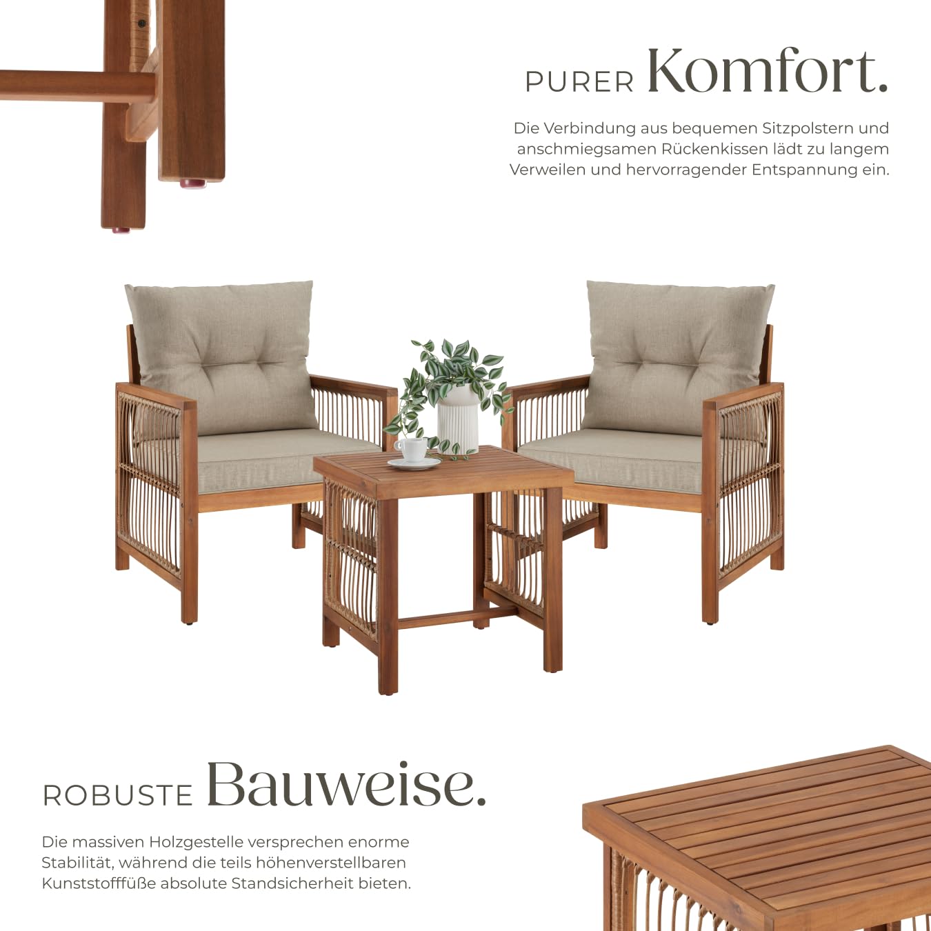 tectake® Lounge Set, Balkonmöbel Bistrotisch Set mit 2X Gartenstuhl Holz und Balkon Tisch, Gartenlounge Set im Rope Design, Garten Lounge, Balkonmöbel Set mit XXL Polsterung
