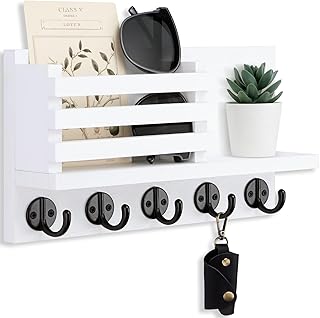 Key Holder for Wall – Decorative Wooden Mail Holder and Key Shelf with Mounting Hardware, Installation Guide – Paulownia Wood with 5 Metal Key Hooks (11.8” x 6.7” x 2.8”)