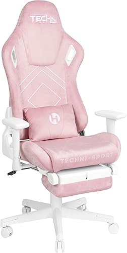 Techni Sport Silla de juegos de terciopelo rosa - Silla de juegos rosa suave aterciopelada - Silla ergonómica para computadora con reposapiés