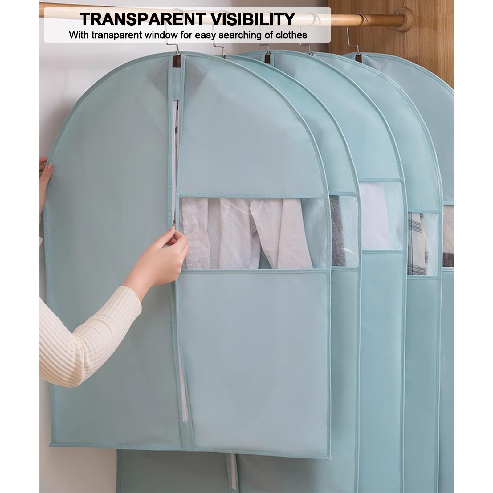 Portatrajes, Funda Transpirable Antipolvo con Ventana Transparente para Colgar Ropa o Guardar de Viaje Abrigos, Jerseys, Chaquetas, Camisetas y Vestidos (Paquete de 5)(Blue,23.6 * 31.5in)