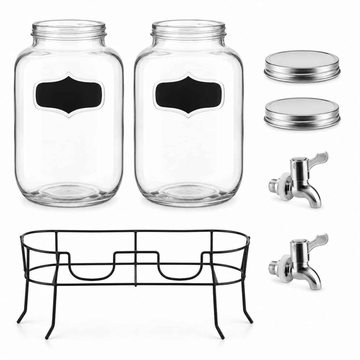 Set 2 Dispenser Bevande in Vetro da 4L con Rubinetto e Supporto in Metallo, Capacità Totale 8L, Fontana per Bevande con Etichette Scrivibili, per Acqua, Limonata, Succhi, Cocktail e Feste