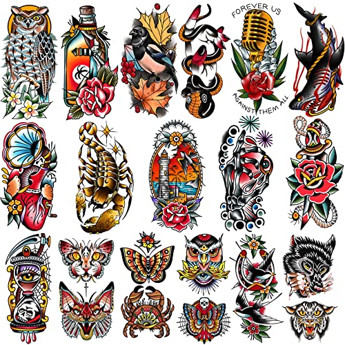 77 Sheets Classic Temporary Tattoos Old School Vintage Colorful Realistic Half Arm Fake Tattoo Stickers Flower Butterfly Snake Owl Shark For Men Women And Kids Tattoos #TOP5