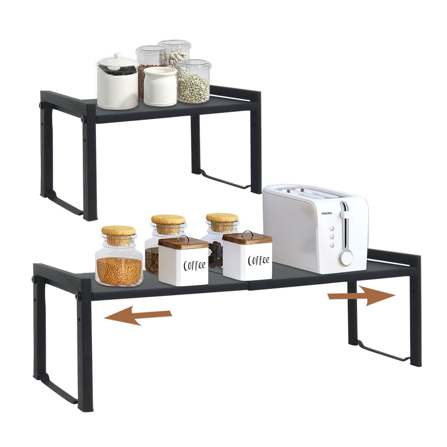 Goodsnetic 2 Packs Expandable Cabinet Shelf 13.8~26"(L), Stackable Kitchen Counter Shelf Organizer, 22LBS Heavy Duty Riser, Countertop Storage Pantry Shelves(Black 2 Packs S) — image 1