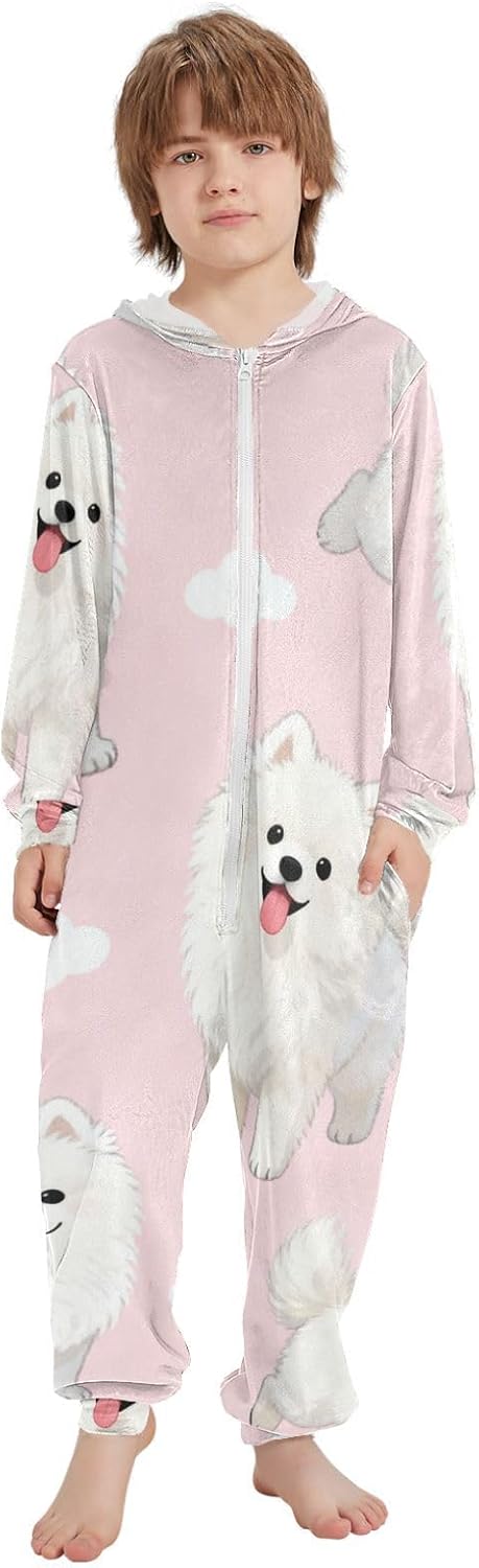 Cute White Samoyed DogUnisex Onesie PajamasZipper Hooded One-Piecing Costumefor Parties Sleepovers