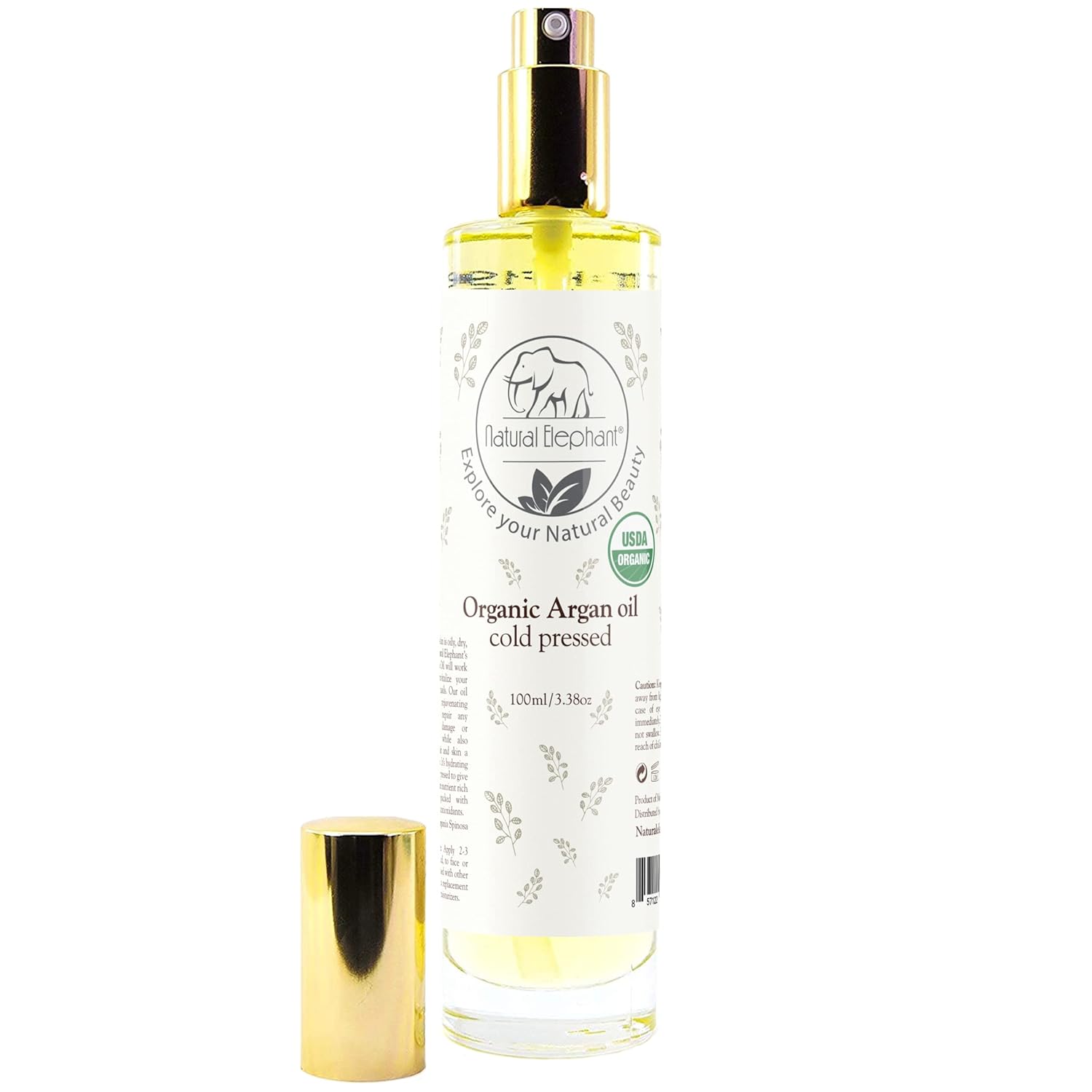 Natural Elephant USDA Certified Organic 100% Pure Argan Oil, Cold-Pressed, 100 ml (3.38 fl oz) - Nourishing & Hydrating for Skin, Hair, and Nails