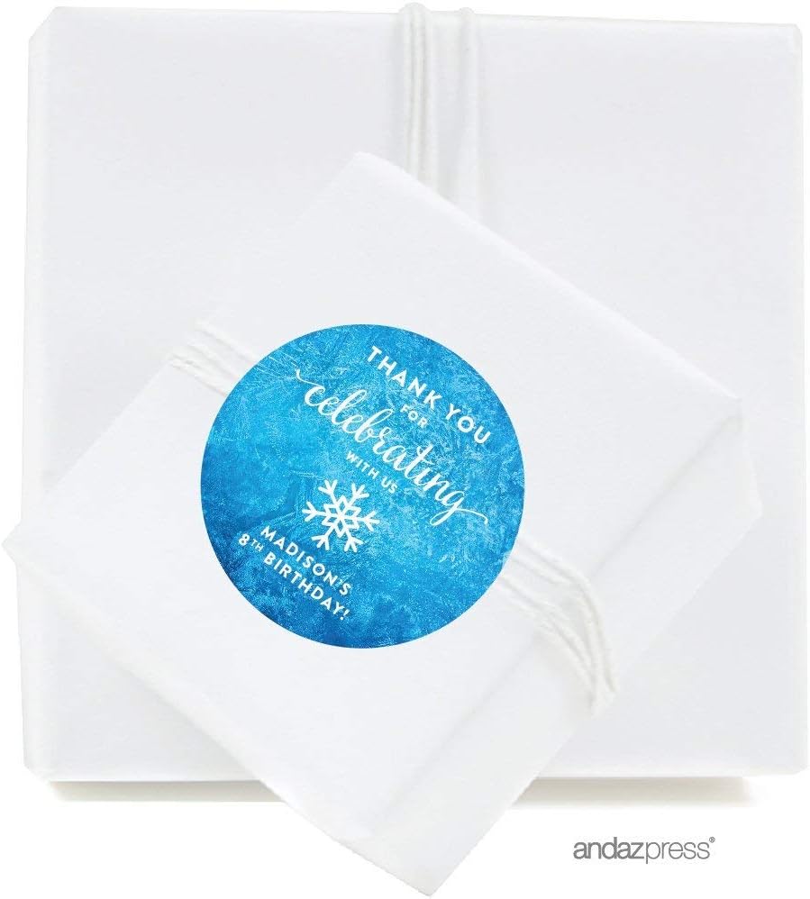 Andaz Press Personalized Birthday Round Circle Labels Stickers, Thank You for Celebrating with Us, Snowflake, 40-Pack, for Gifts and Party Favors, Custom Name