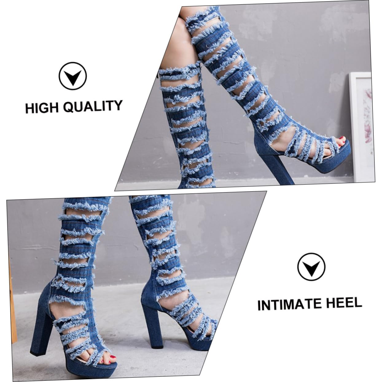 FRCOLOR Stivali Sopra Ginocchio Donna, 1 Paio, Denim Blu, Tacchi Stabile