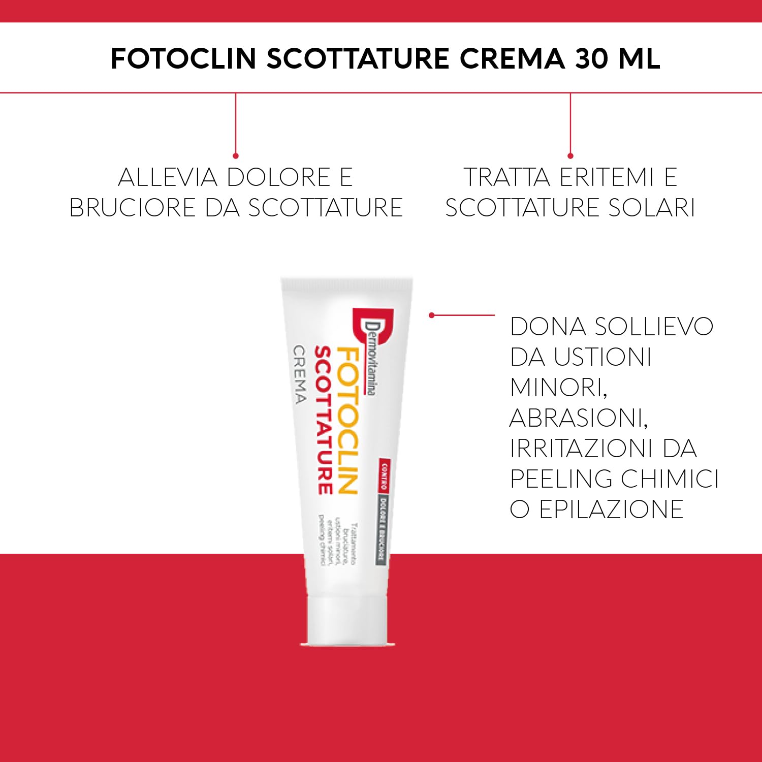 Dermovitamina Fotoclin Scottature Crema - Crema per il Trattamento di Bruciature, Ustioni Minori, Eritemi Solari e Peeling Chimici - Contro Dolore e Bruciore - Doposole - Senza Cortisone - 30ml