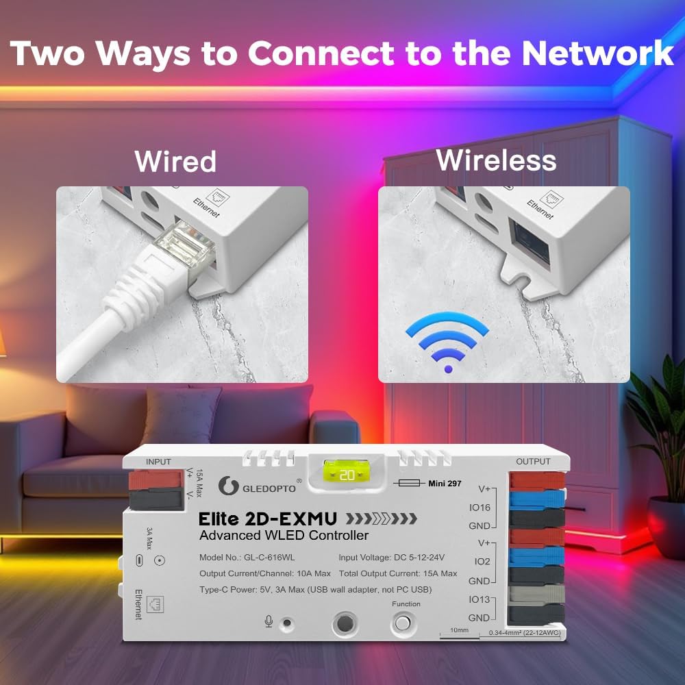 GLEDOPTO Elite ESP32 WLED LED Controller Ethernet WiFi Network Built in I2S Mic 20A Fuse Energy Saving Relay Level Shifter IC ESD Chip Work with Addressable Digital RGB IC WS2811 WS2815 SK6812 etc
