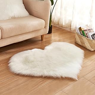 Faux Fur Sheepskin Heart Shaped Area Rugs, 16"x20" Luxurious Wool Love Floor Carpets Bathroom Non-Slip Mat for Home Decor Nursery Living Room Bedroom Pet Kids and Baby Room (White)