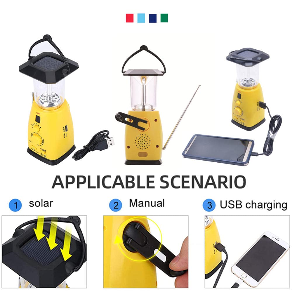 Latarnia kempingowa, 4-w-1 Solarna ładowalna lampa zewnętrzna LED USB, wielofunkcyjna przenośna korba ręczna Latarka zasilana energią słoneczną z radiem Smartphone Ładowarka USB Lampa awaryjna LED