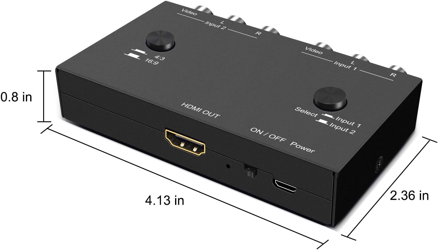 2 Port AV to HDMI Converter, Dual RCAto HDMI Adapter, Composite to HDMI Adapter Support 16:9/4:3 Compatible with WII/N64/PS1/PS2/PS3/VHS/VCR/DVD Players etc(2 AV in 1 HDMI Out)