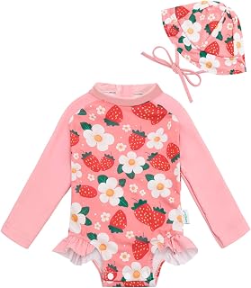 Baby Girls Long Sleeve One Piece Rash Guard Swimsuit with Zipper, UPF 50+ Sun Protection