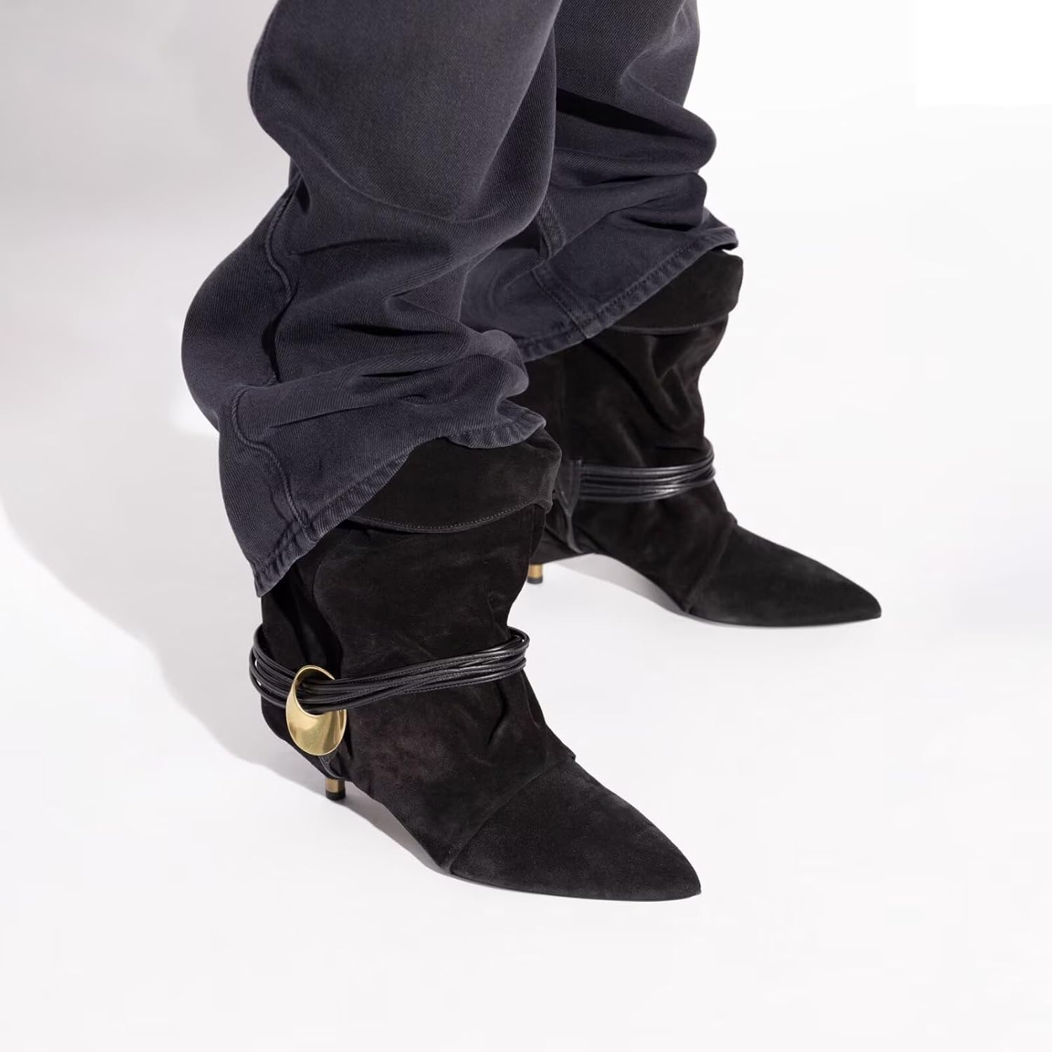 Agodor Women's Slouchy Ankle Boots - Pointed Toe Kitten Heels Booties Wide Calf Boho Suede Cowboy Boots Fold Over Mid Calf Slip On Comfortable Shoes - Image 4