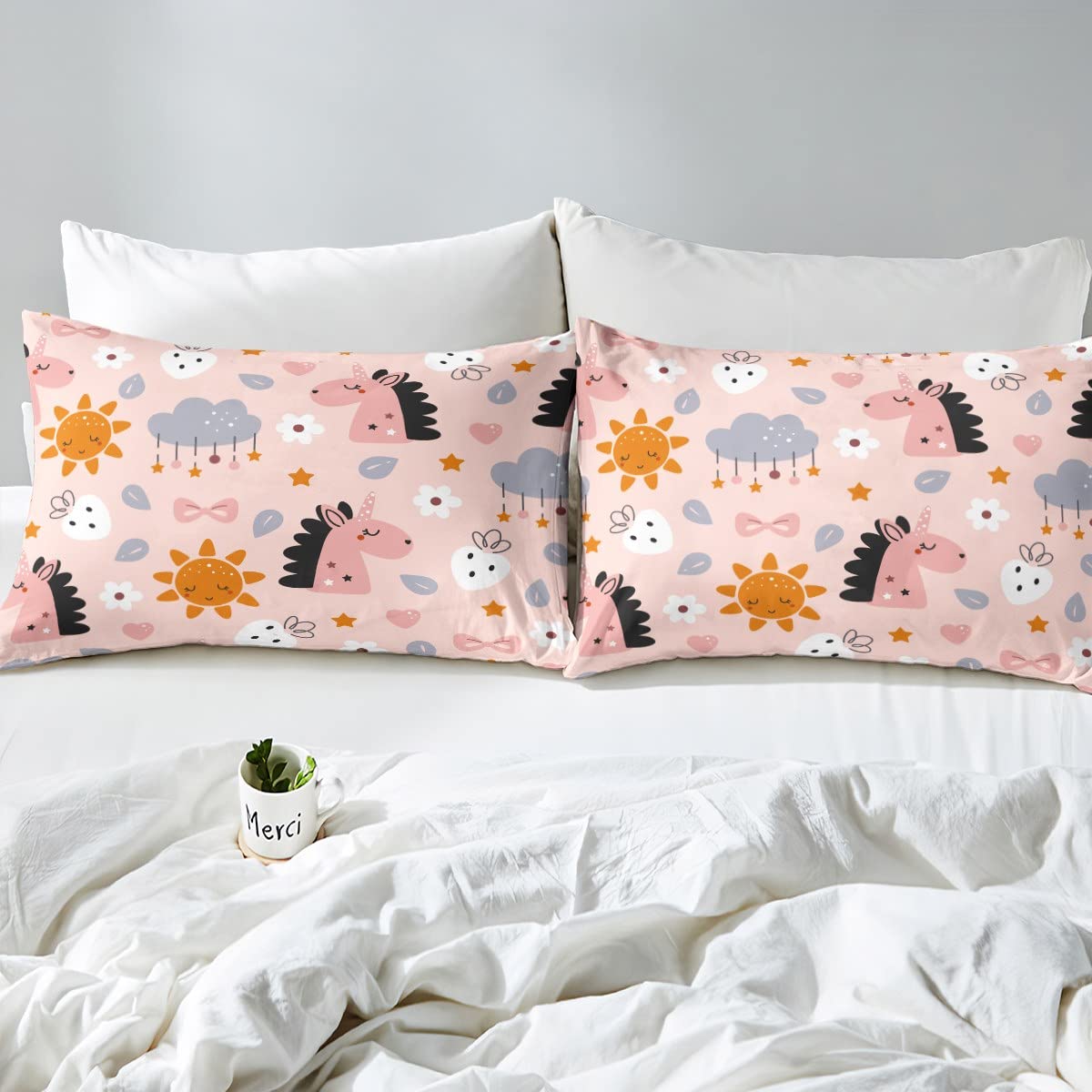 Sábana bajera de unicornio tamaño King, funda de cama con 2 fundas de almohada, juego de ropa de cama de 3 piezas para decoración de habitación de niños y niñas, ropa de cama de poliéster suave