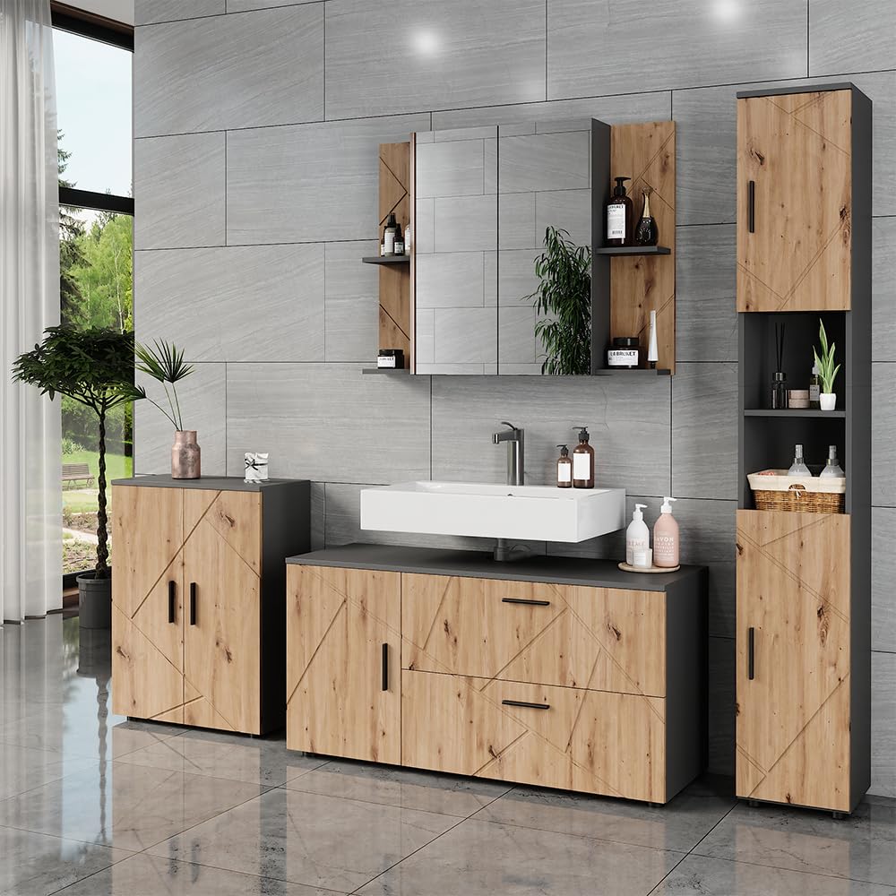 Vicco Waschbeckenunterschrank Irma, Anthrazit/Goldkraft Eiche, 120.1 x 60.6 cm mit 2 Schubladen und 1 Tür, geeignet für handelsübliche Waschtische mit Siphonausschnitt