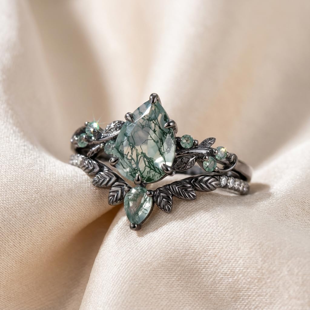 Natural Moss Engagement Agate Black Ring for Women 925 Sterling Silver or Solid Gold Engagement Ring Set Jewelry Gift for Her Customizable Bridal Wedding Ring Set Gift for Wife Optional Size 4-15