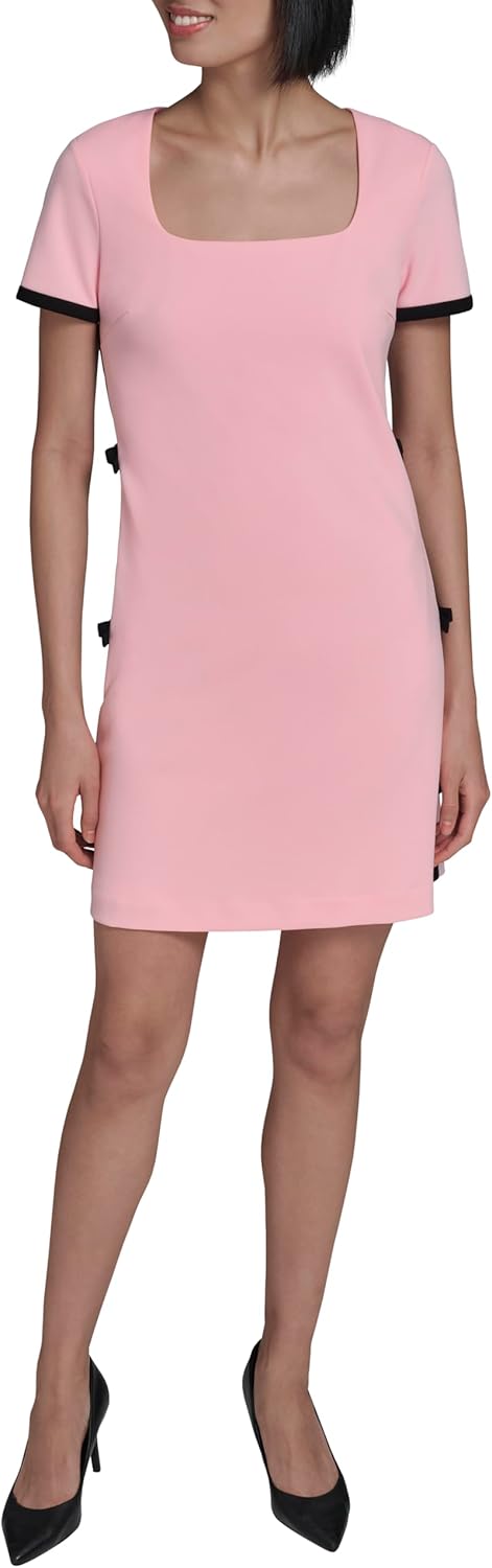Karl Lagerfeld Womens Short Sleeve Square Neck Bow Embellished Shift Mini Dress - Image 2