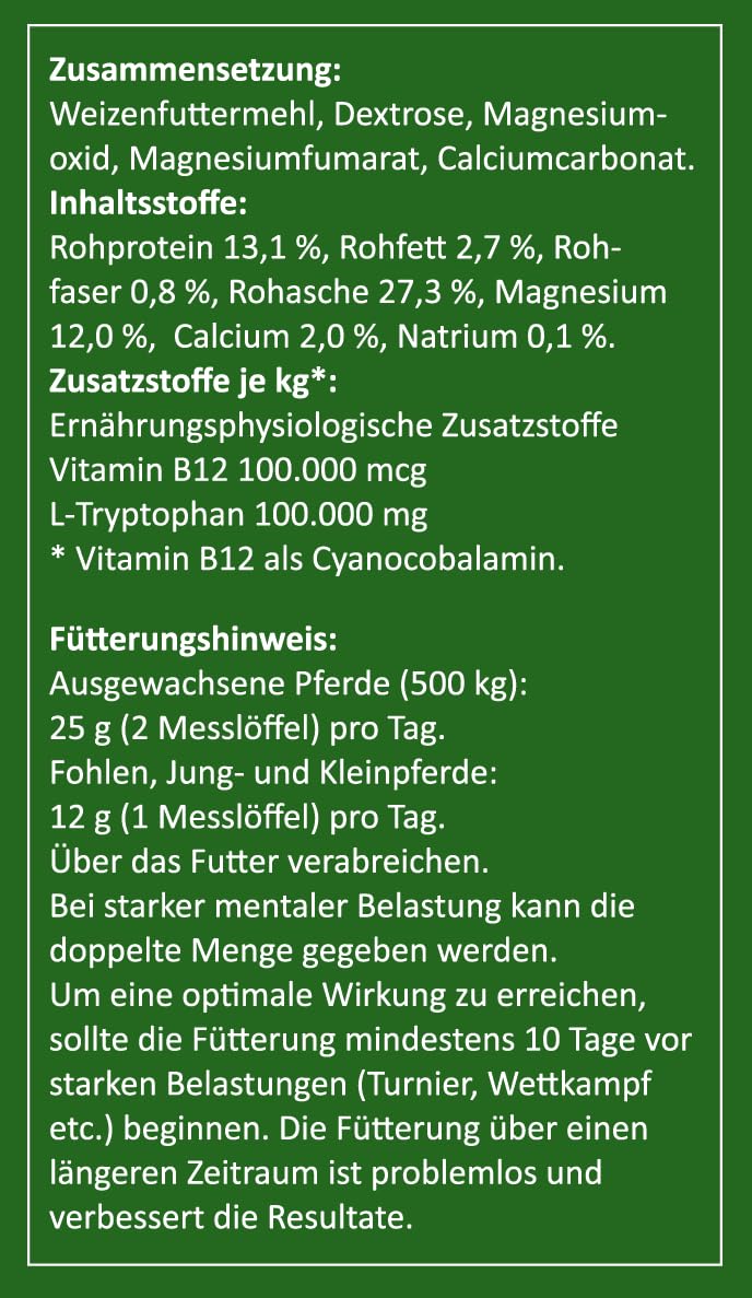 Tryptophan + Magnesium Pferd [Hochdosiert] – Von Tierärzten entwickelt – Unterstützt Nerven, Entspannung & Losgelassenheit – Mit Vitamin B12 – Ergiebiges Pulver 2000 g Nachfüllpack