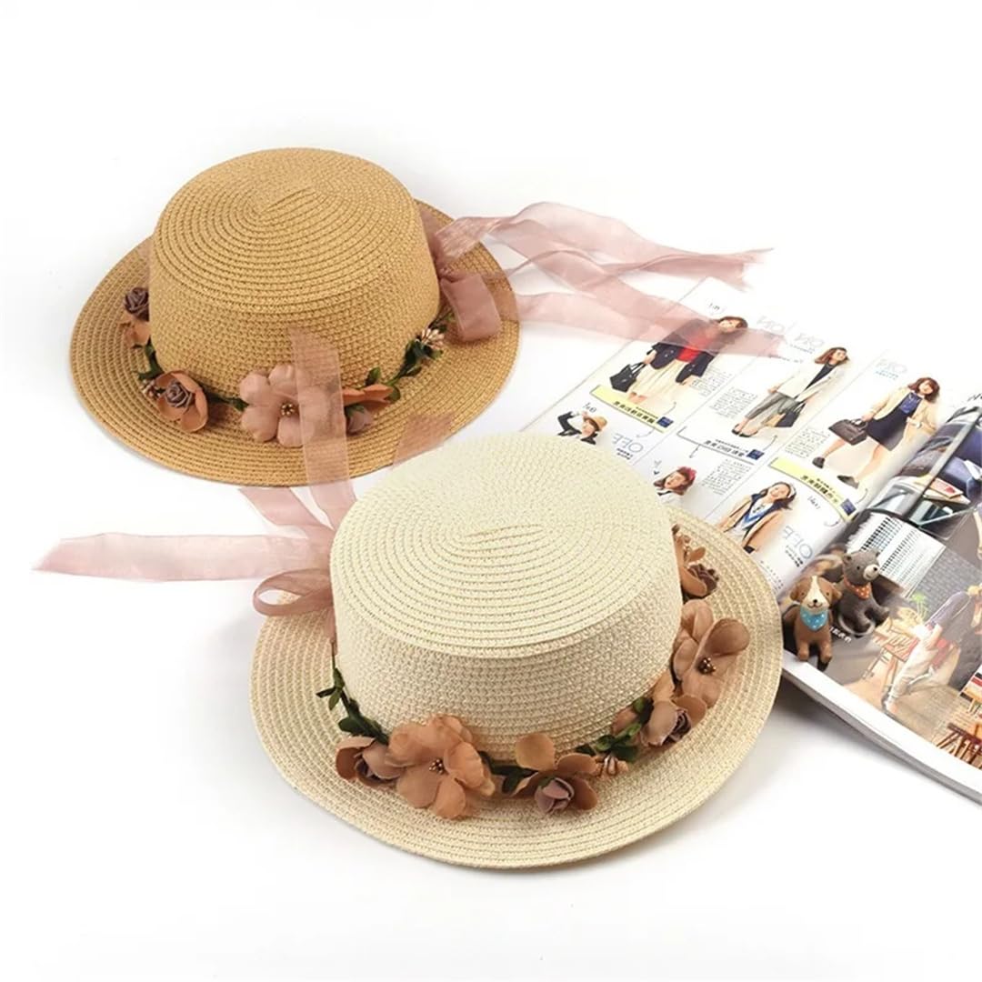 Sombrero para el Sol para Mujer, Sombrero de Cubo, Sombrero de Paja con Parte Superior Plana y Lazo de Encaje Beige de Verano (21244 Mujeres 56, Talla única 58 cm)