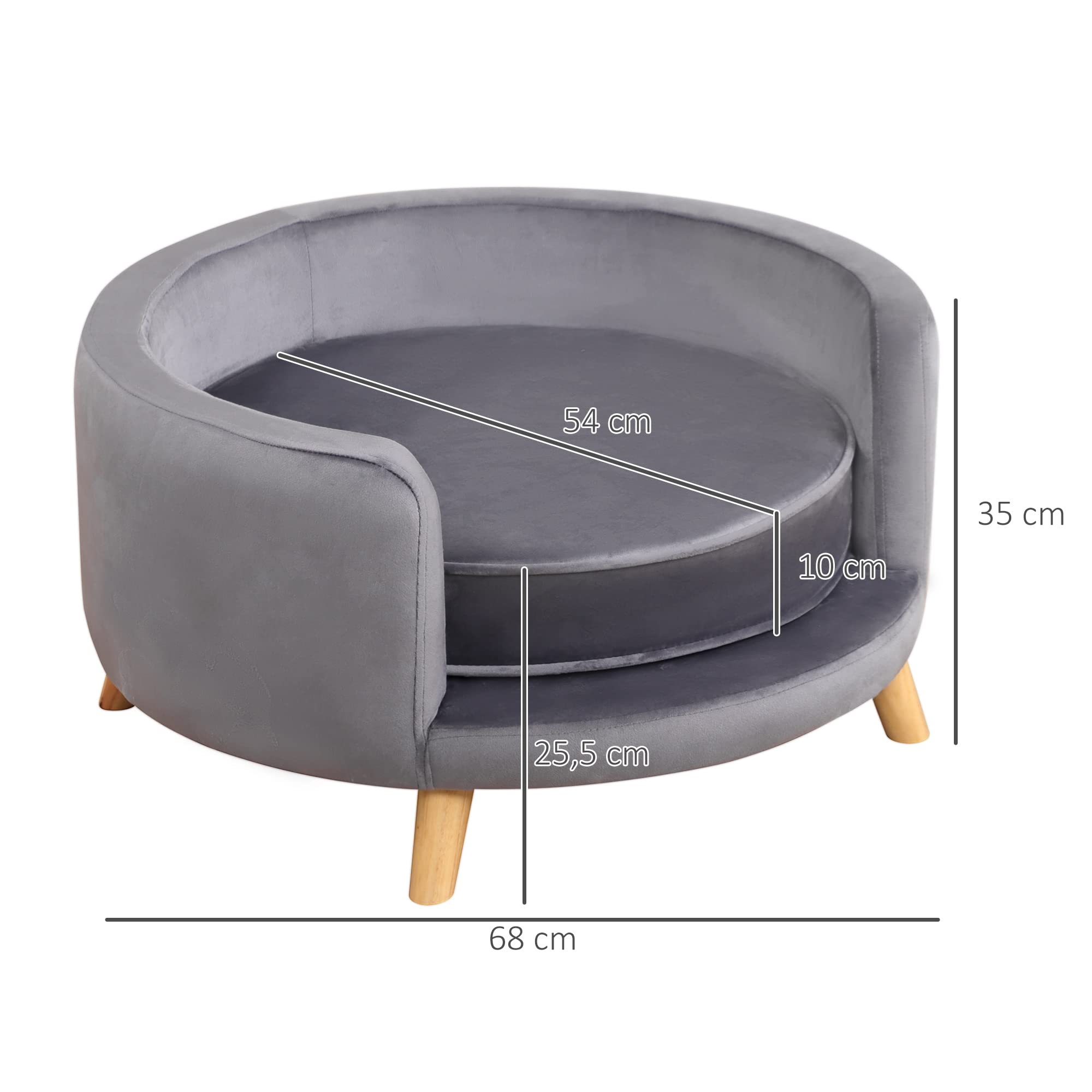 PawHut Hundesofa, Haustiersofa mit Samtoptik, Katzensofa mit Kissen, Hundebett, Hundecouch mit Erhöhtem Design, Hundesessel mit Holzbeine, Grau, 68 x 68 x 35 cm