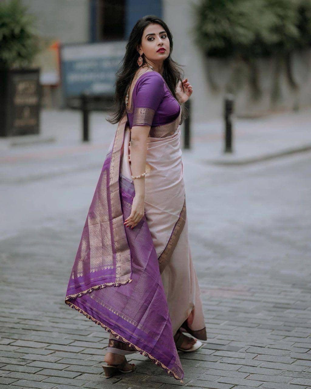 Flosive Women's Beautiful Hot Shine Kanjivaram Wedding Saree With Fancy Blouse (Purple)