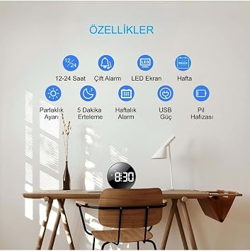 Plentiful Yuvarlak Siyah Dijital LED Masa Saati USB Güç Saat Erteleme Modern Saat
