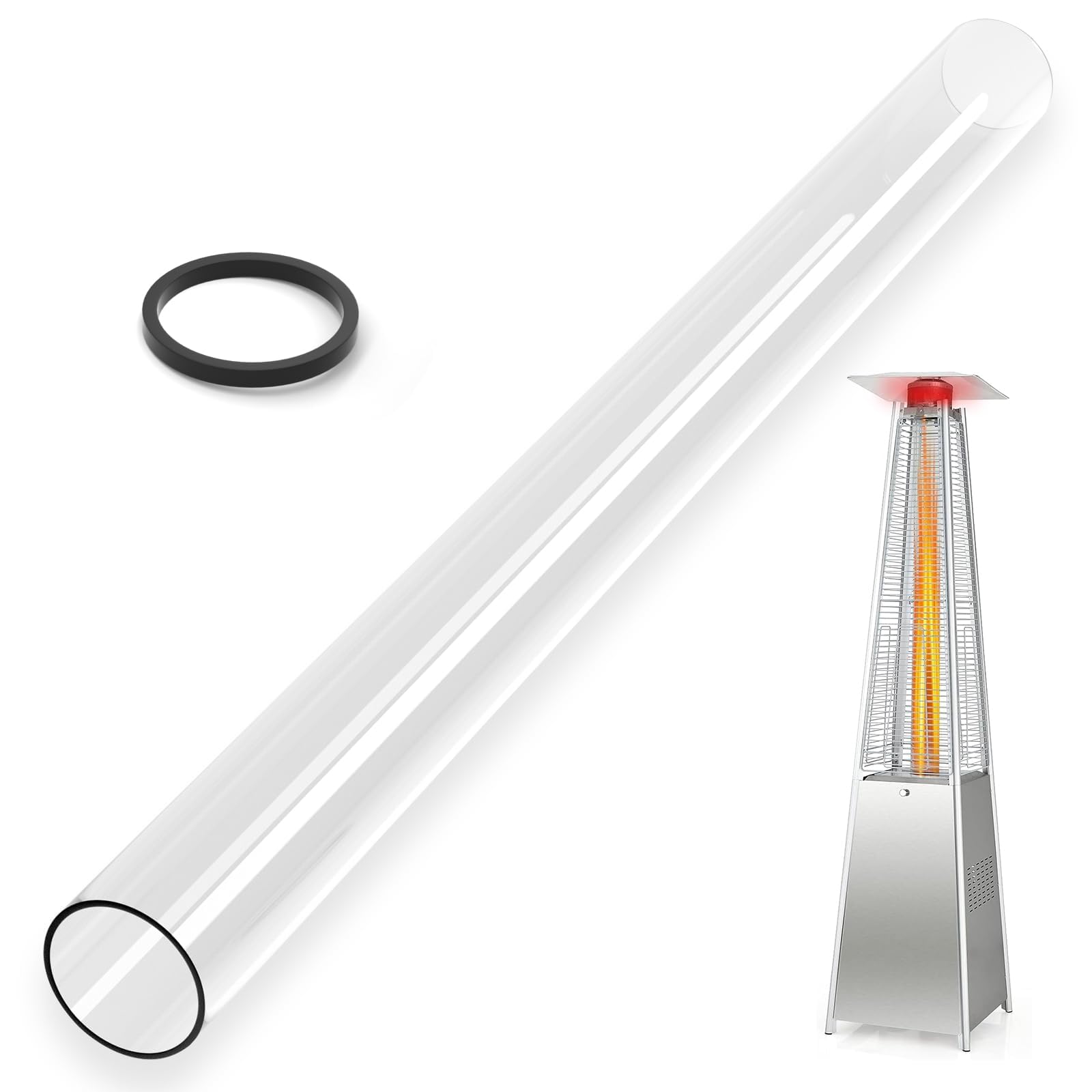 Sostituzione del tubo di vetro del riscaldatore del patio con anello di gomma, 49,5 "di altezza 4" di diametro, tubo di vetro al quarzo adatto a riscaldatori esterni a fiamma piramide a quattro lati