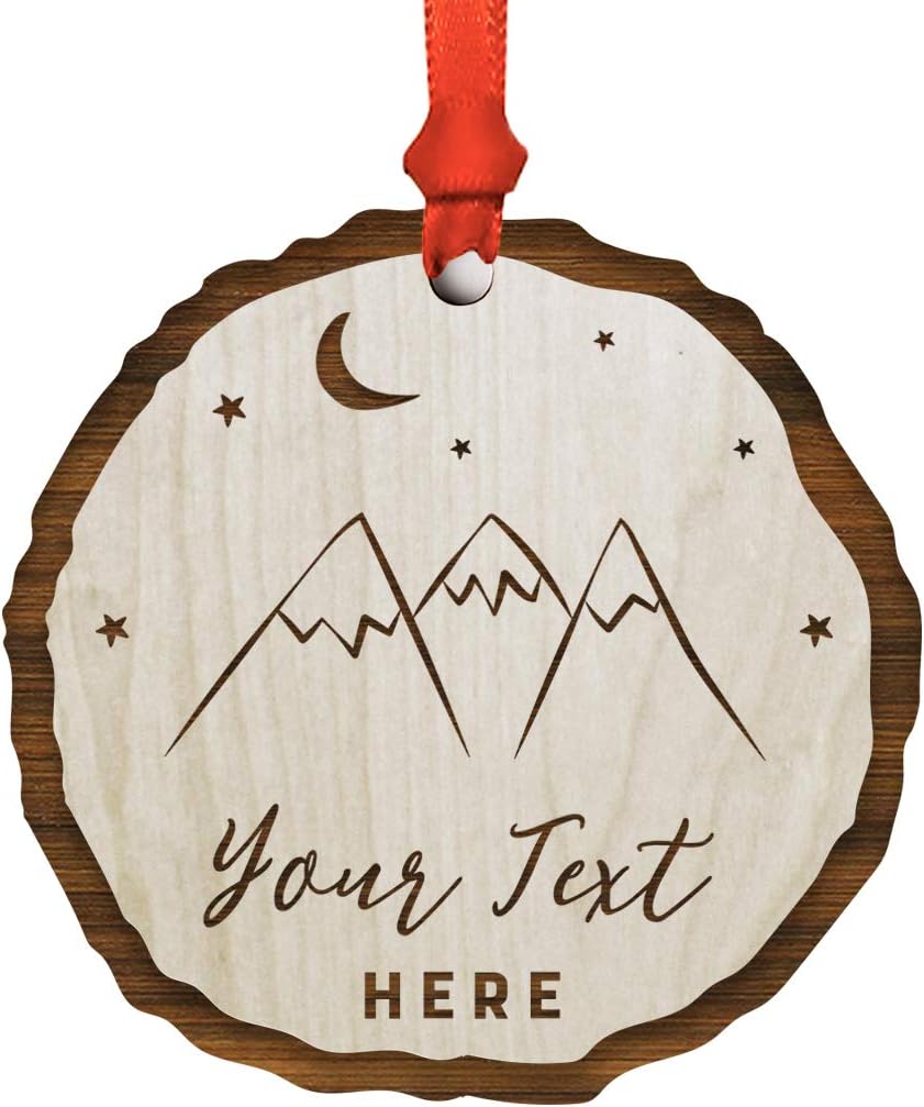 Andaz Press Fully Personalized Engraved Real Natural Wood Keepsake Christmas Ornament Gift, Moon Mountains Stars Adventure Wood Slab, Your Text Here, 1-Pack, Custom Includes Gift Bag and Ribbon