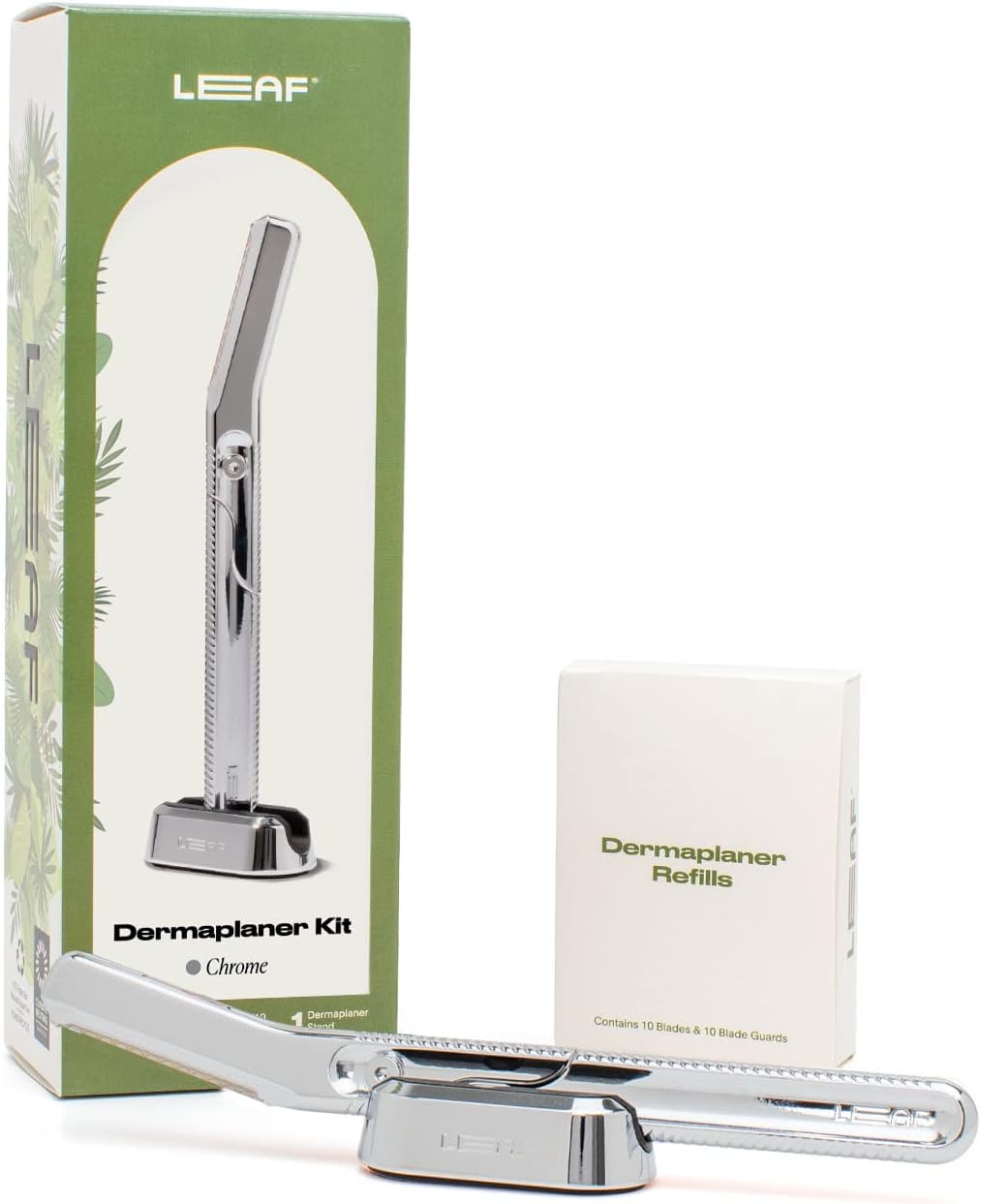 リーフシェーブ | リーフダーマプレーナーキット、クローム - 女性用オールメタルフェイシャルカミソリと角質除去ツール;ダーマプレーナー、マッチングスタンド、詰め替え10個パック付き