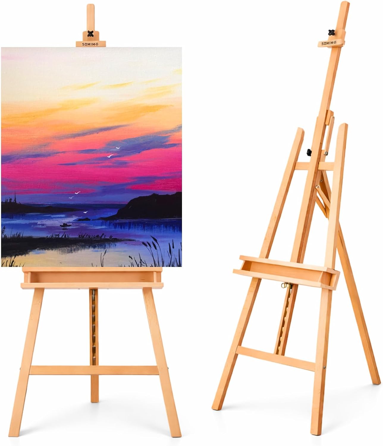 Large A-Frame Basic Studio Easel - Adjustable Solid Beech Wood Artist Easel with Brush Storage Tray, Floor Wooden Easel Stand for Painting Canvas, Natural
