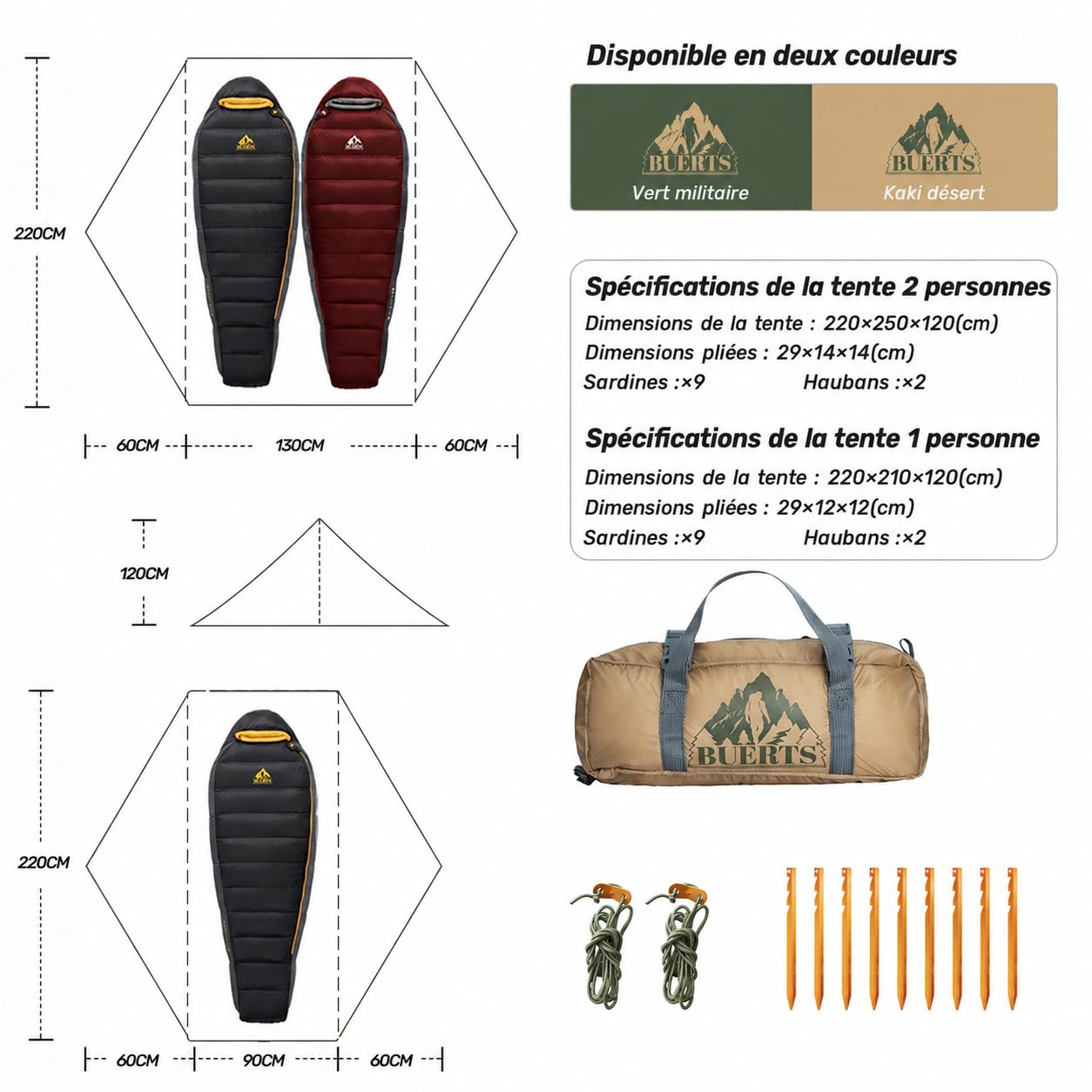 Tente Camping randonnée Ultra-légère 1 Personne, 3 Saisons | 1kg, sans arceau compatible bâtons. Rangement 29×12×12cm, montage rapide. Spacieux, 20D silicone, PU3000, renforts