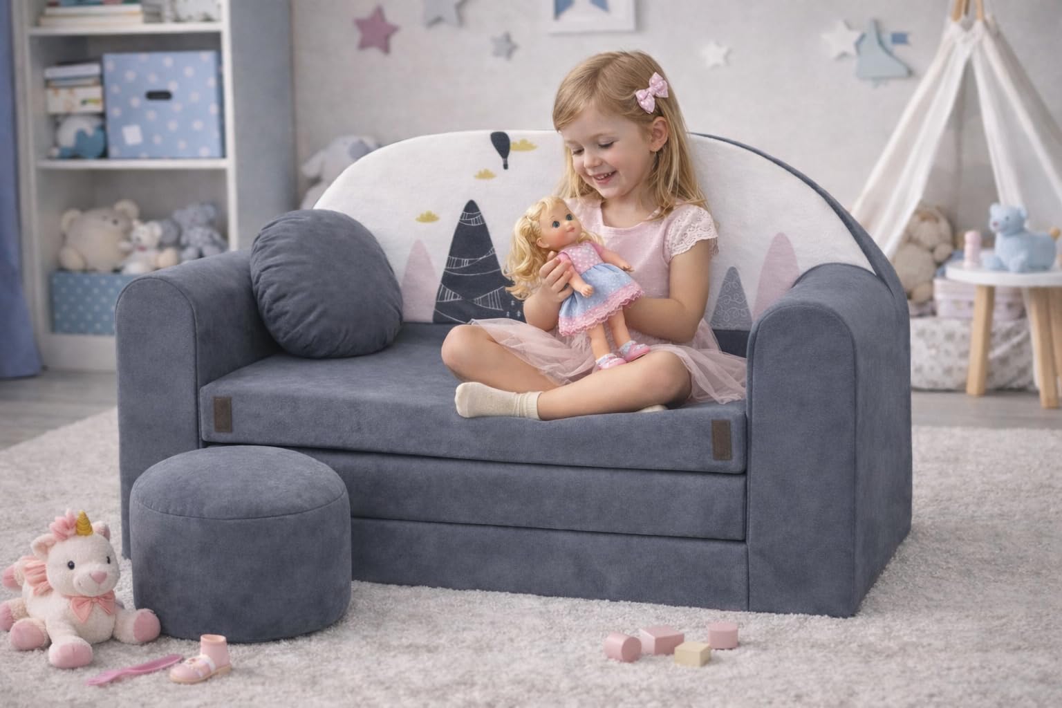 Divano letto pieghevole per bambini con funzione letto Perfetto per giocare e dormire - Con materasso, cuscino e pouf sfoderabili - 98x168x59 cm AX2 Grigio - Cime delle montagne