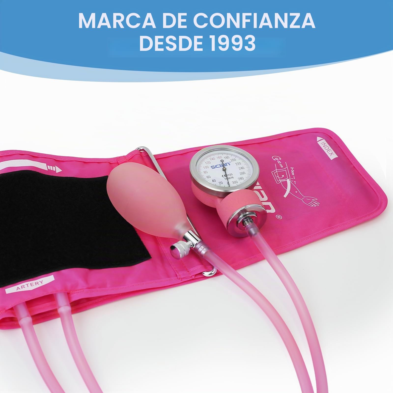 Tensiómetro manual SCIAN - esfigmomanómetro aneroide con manguito europeo (22-42 cm) y anillo en D, incluye estuche de transporte para enfermeras, médicos, personas mayores, adultos （rosa）