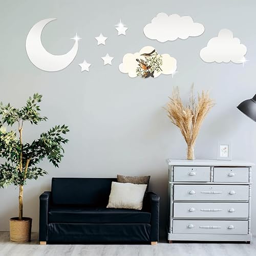 Miniatura 5 de MXOYOXM 8 calcomanías magnéticas de acrílico para pared, espejo 3D, adhesivo de nube, estrellas, nubes y luna, espejo adhesivo para pared, adecuado