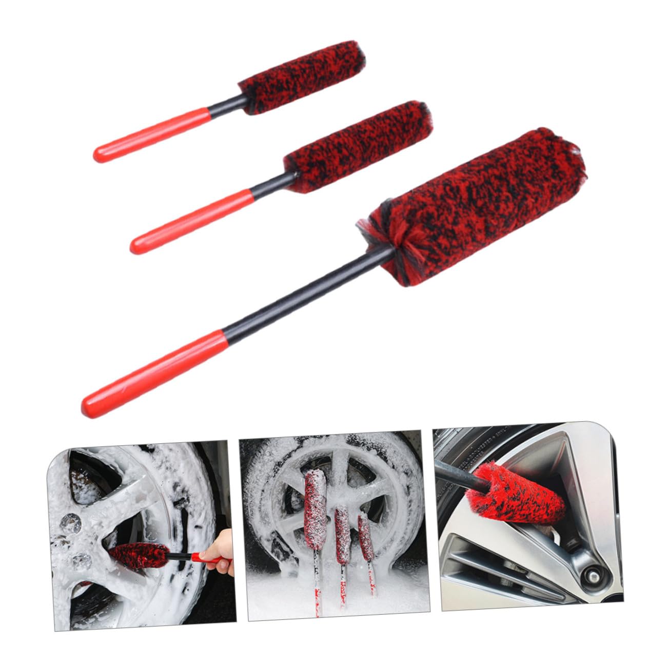 ERINGOGO Set 3 Spazzole per Pulizia Pneumatici Auto Microfibra Morbida Setole Dense Manico Ergonomico 3 Misure Facile da Usare Leggera e Facile da Riporre